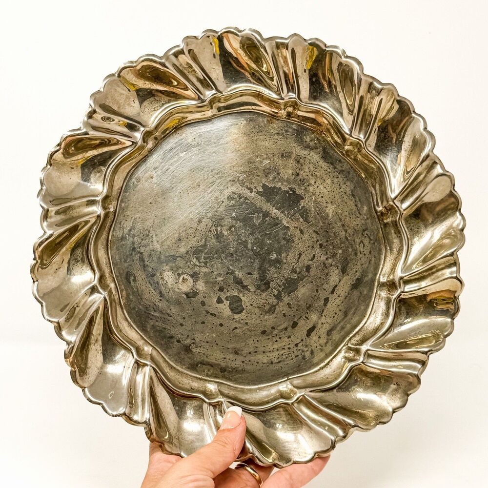 Vintage Silverplate Serving Tray Ruffled Scalloped Edge Ornate Round Platter